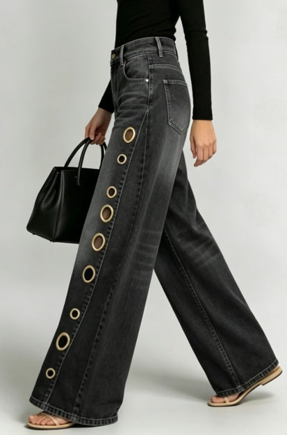 Jeans anchos negros con ojales de tiro alto - image 3
