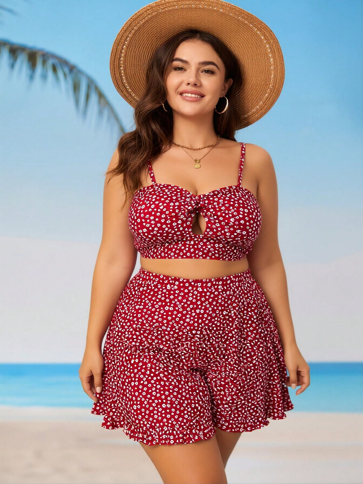 Women's Plus Size Red Floral Skirted Bikini, High Waist - image 4