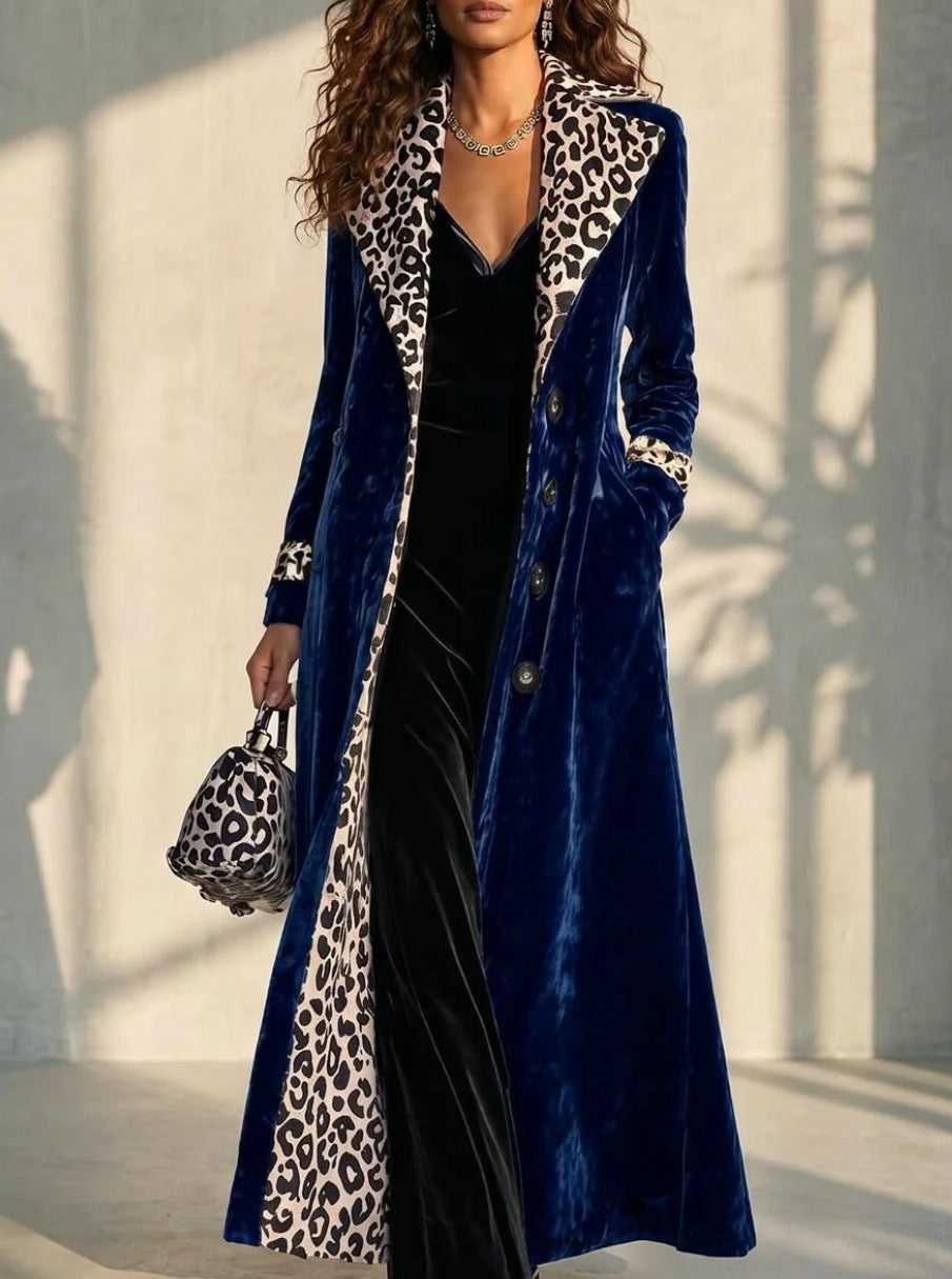 Retro Leopard Print Color Block Trench Coat - image 9