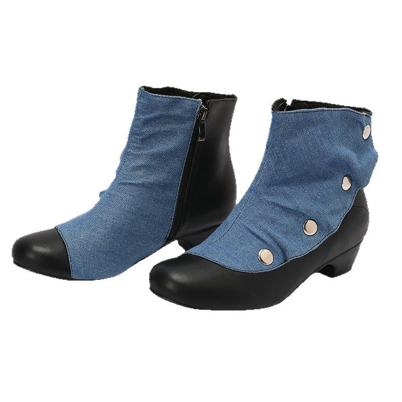 Denim Panel Western Chunky Heel Ankle Boots - image 5