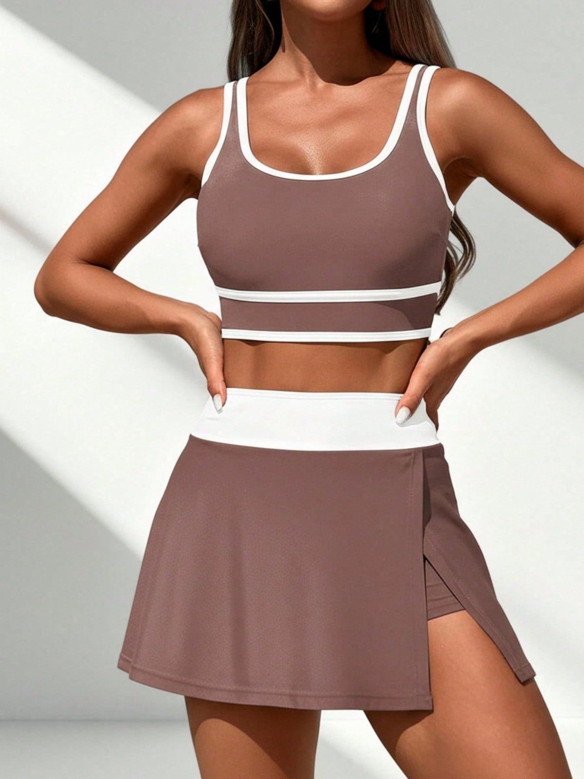Elevated Neutral Tankini - Mocha Crop Top, White-Trimmed Wrap Skirt - image 4
