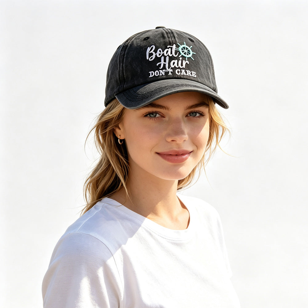 Boat Hair Don't Care Embroidered Baseball Cap, Vintage Washed Distressed Cotton Hat With Ship Wheel Embroidery For Women Boating Fishing Beach - image 2