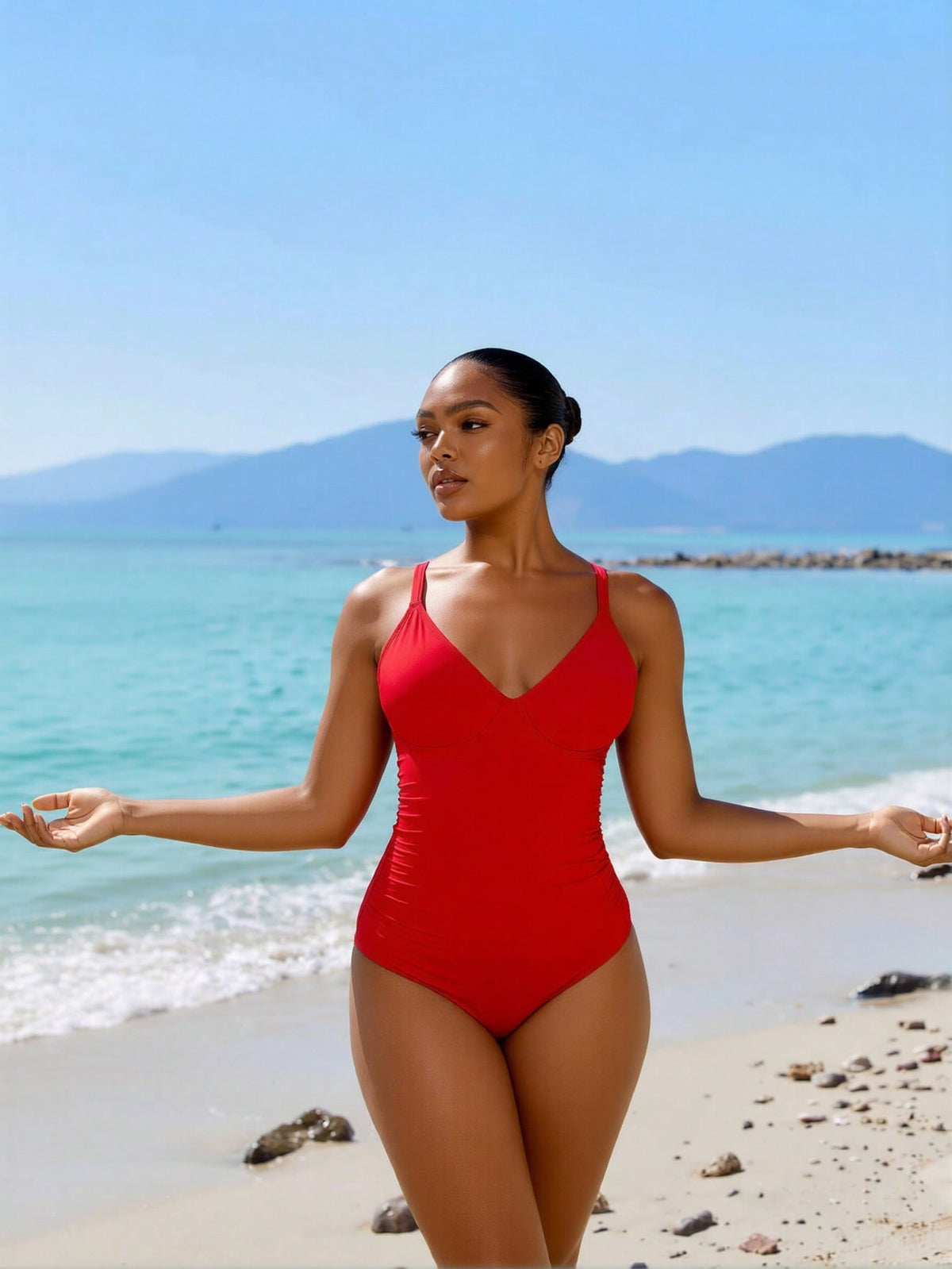 Women's One-Piece Swimsuit Vibrant Red With Deep V-Neck, Ruched Tummy Control And Thin Shoulder Straps - image 4