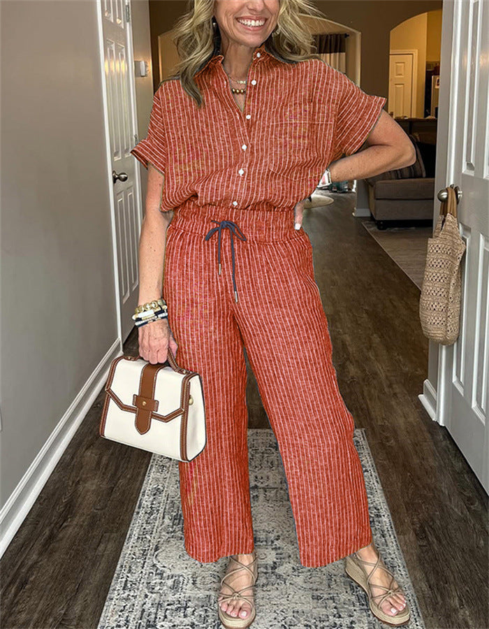 Women's Striped Short Sleeve Lapel Shirt and Straight Pants Set - image 11