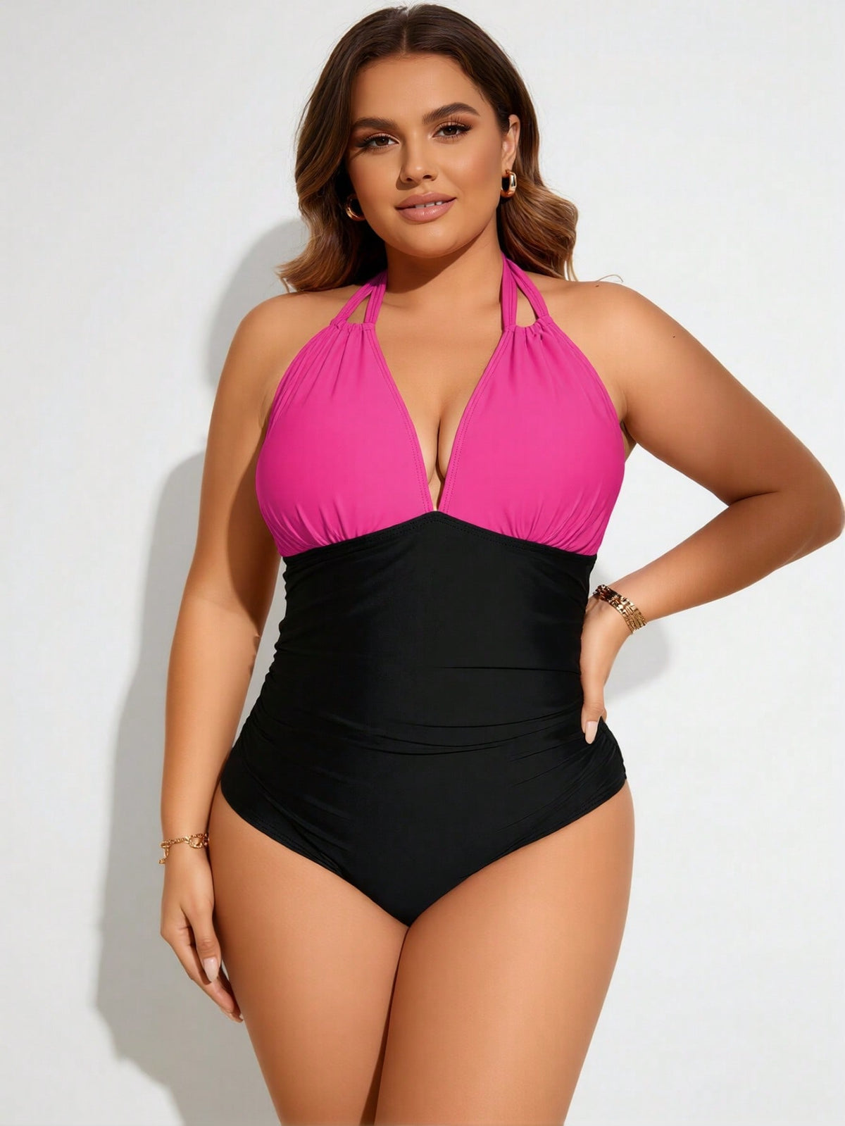 Women's Plus Size Hot Pink and Black Halter One-Piece Swimsuit - image 3