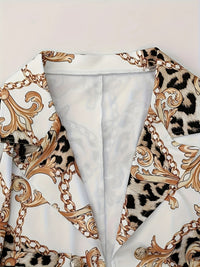 Two Piece Lapel Blazer Set Geometric Print Micro Elastic Fake Buttons Casual Fabric Outfit For Spring Fall - image 4
