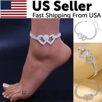 Double Heart Anklet Bracelet Love Barefoot Chain Bling Crystal Ankle Bracelet US - image 10