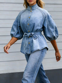 Women's Retro Washed Lantern Short-sleeved Stand Collar Single-breasted Shirt - image 3