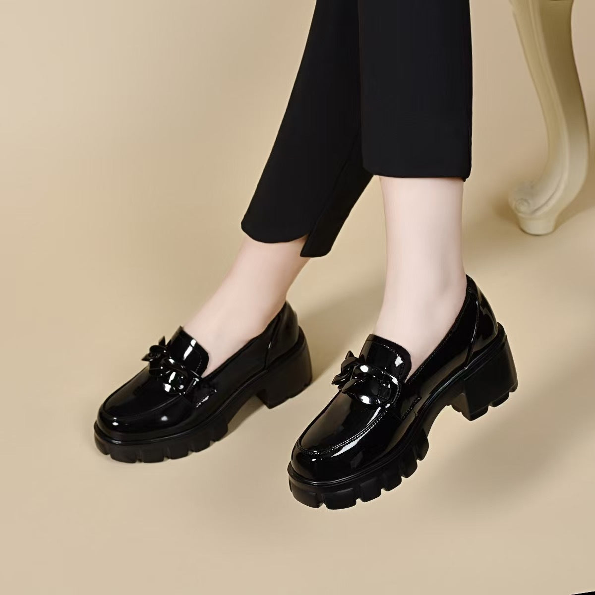 Leather Chunky Platform Loafers with Chain - image 3