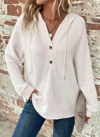 Waffle Hooded Sweater Sweatshirt Fashion Casual Long-sleeved Drawstring V-neck Buttons Top Women's Clothing - image 12