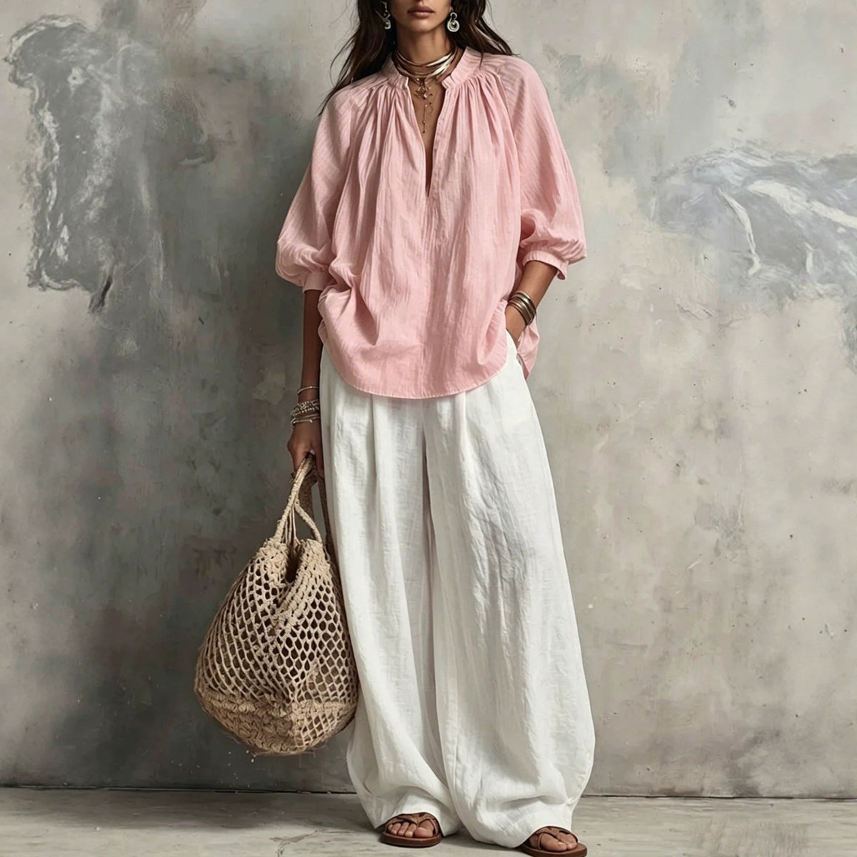 Cotton Linen Puff Sleeve Shirt and Wide Leg Pants Set - image 2