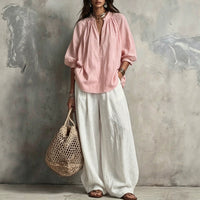 Cotton Linen Puff Sleeve Shirt and Wide Leg Pants Set - image 2