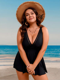 Plus Size Black Swim Dress - Deep V Neck Lace Trim Sleeveless Beach Swimwear - image 1