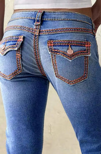 Western Jeans Women Embroidered Pocket Straight Leg Blue Denim Pants Vintage - image 4