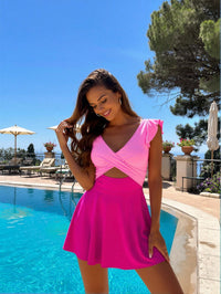 Pink Color Block Ruffle Sleeve Cutout Swim Dress - image 4