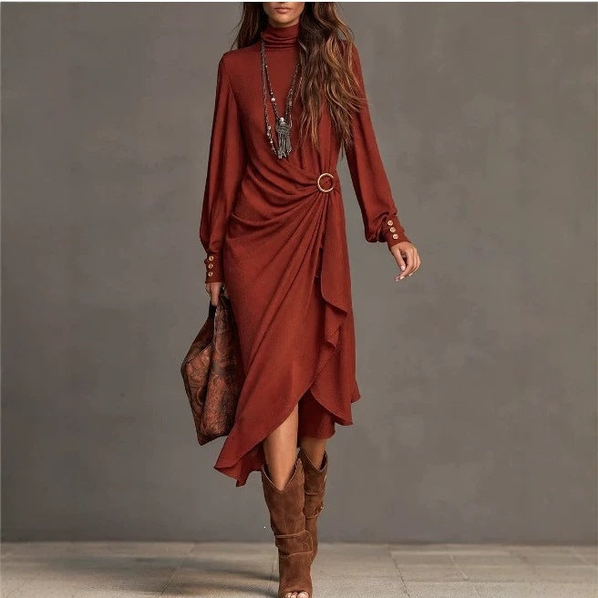 High Collar Long Sleeve Asymmetric Maxi Dress - image 3