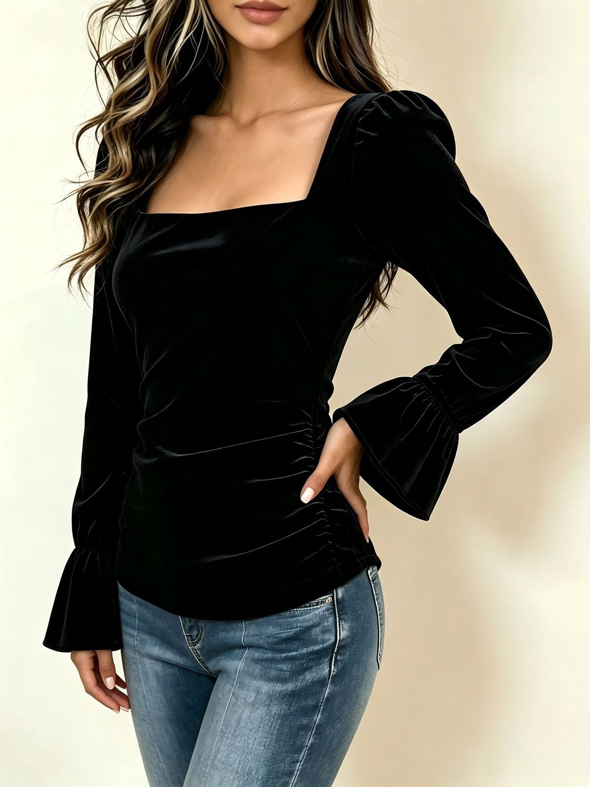 Velvet Square Neck Bell Sleeve Top
