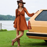Women's V-Neck Twist Front Long Sleeve Dress - image 4