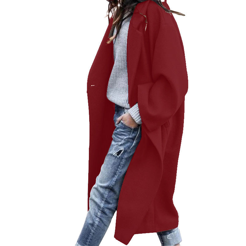 Women's Long Woolen Lapel Coat with Pockets, Khaki Single Breasted Winter Overcoat - image 10