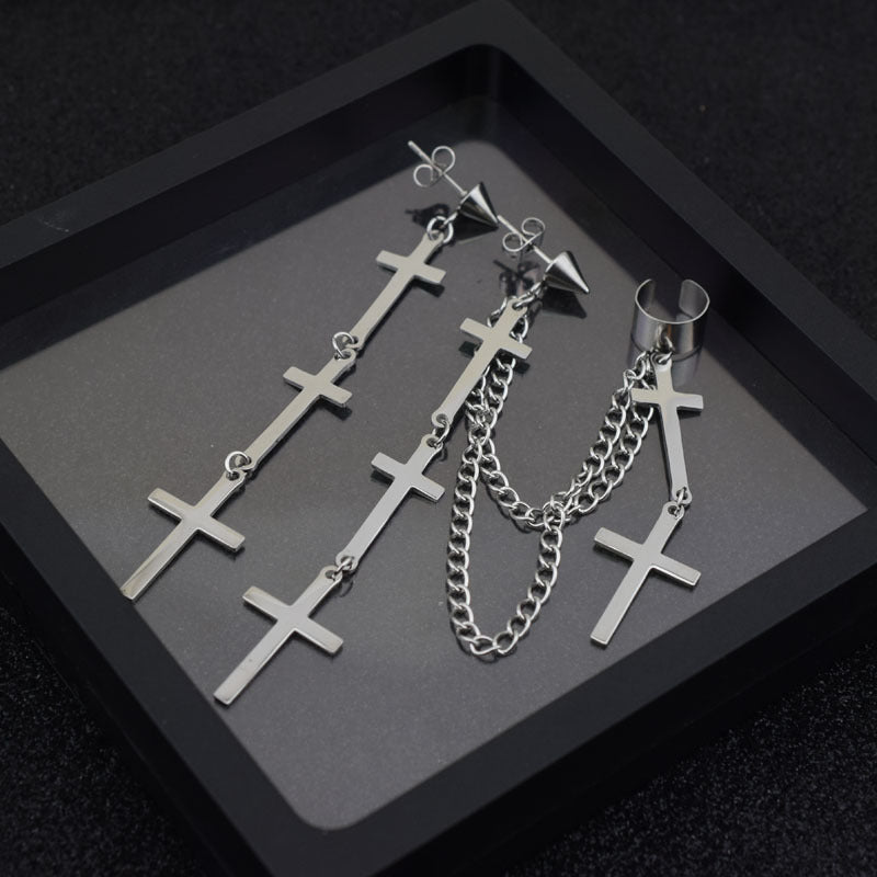 Cross Stud Ear Chain Earrings - image 2