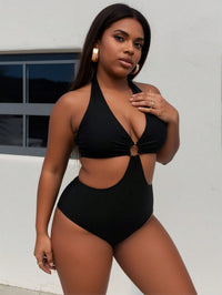 Traje de baño entero negro halter con aro y abertura, talla grande - image 5