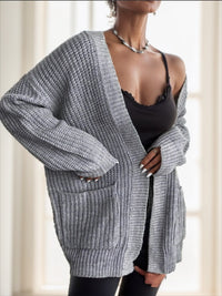 Solid Dual Pockets Ribbed Knit Cardigan,Long Sleeve Tops - image 5