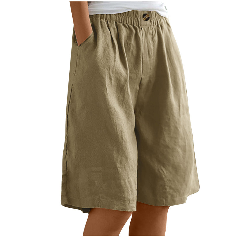 Women's Casual High Waist Loose Fit Solid Color Shorts - Button & Elastic Waist With Pockets - image 2