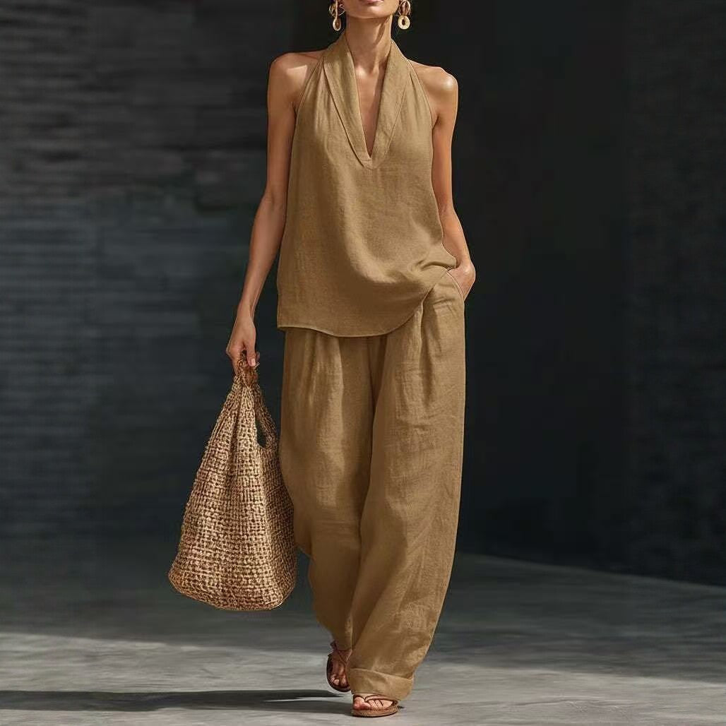 Conjunto de 2 piezas: top halter con escote en V y pantalón de pierna ancha - image 4