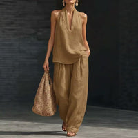 Conjunto de 2 piezas: top halter con escote en V y pantalón de pierna ancha - image 4
