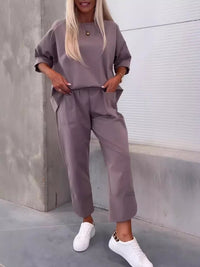 Two-piece Solid Color Round Neck Cropped Pants Set - image 6