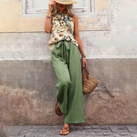 Women's 2 Piece Outfits Summer Casual Sleeveless Halter Neck Crop Tops Wide Leg Pants Set - image 1
