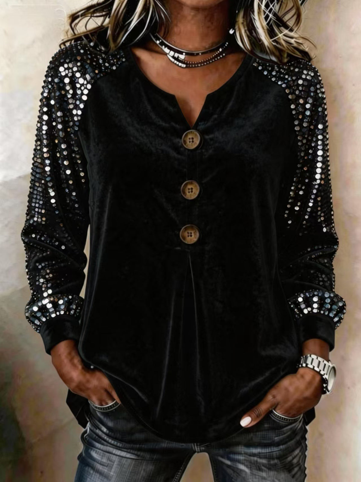 Button And Sequin Long-sleeve Womens Casual Top - image 7