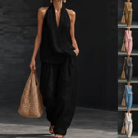 Conjunto de 2 piezas: top halter con escote en V y pantalón de pierna ancha - image 1