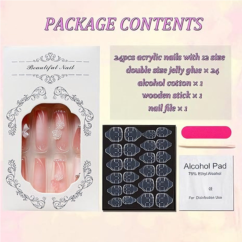 24 Pcs Long Square Press On Nails, Pink French Tip with Pearl, Bow and Rose 3D Nail Art - image 7