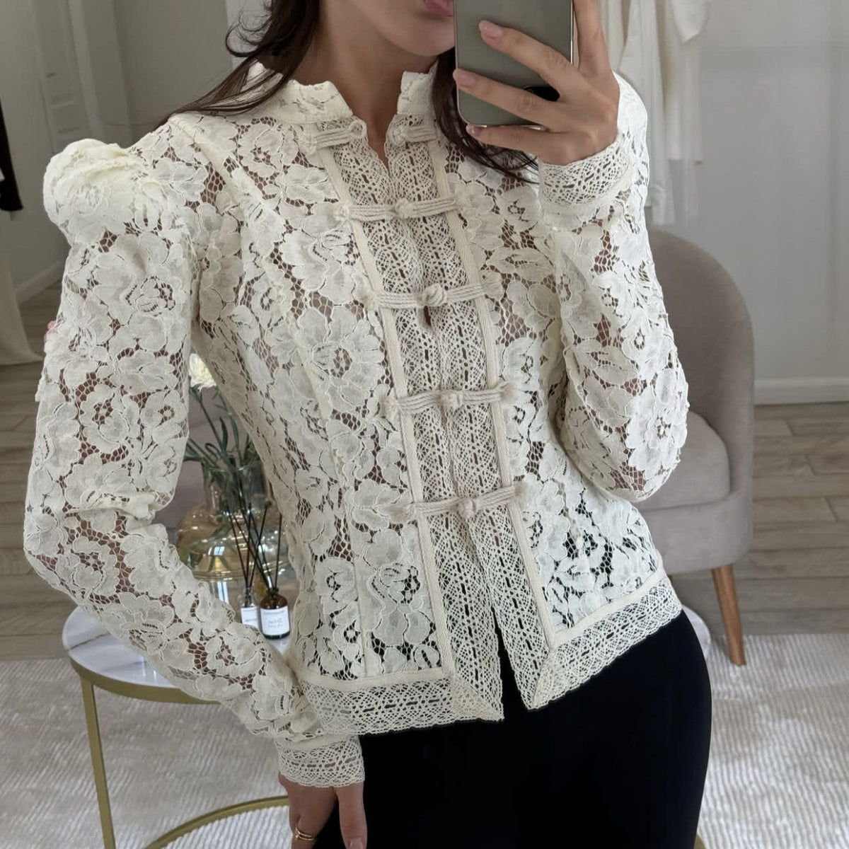 Lace Crochet Stand Collar Slim Fit Shirt