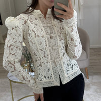Lace Crochet Stand Collar Slim Fit Shirt - image 3