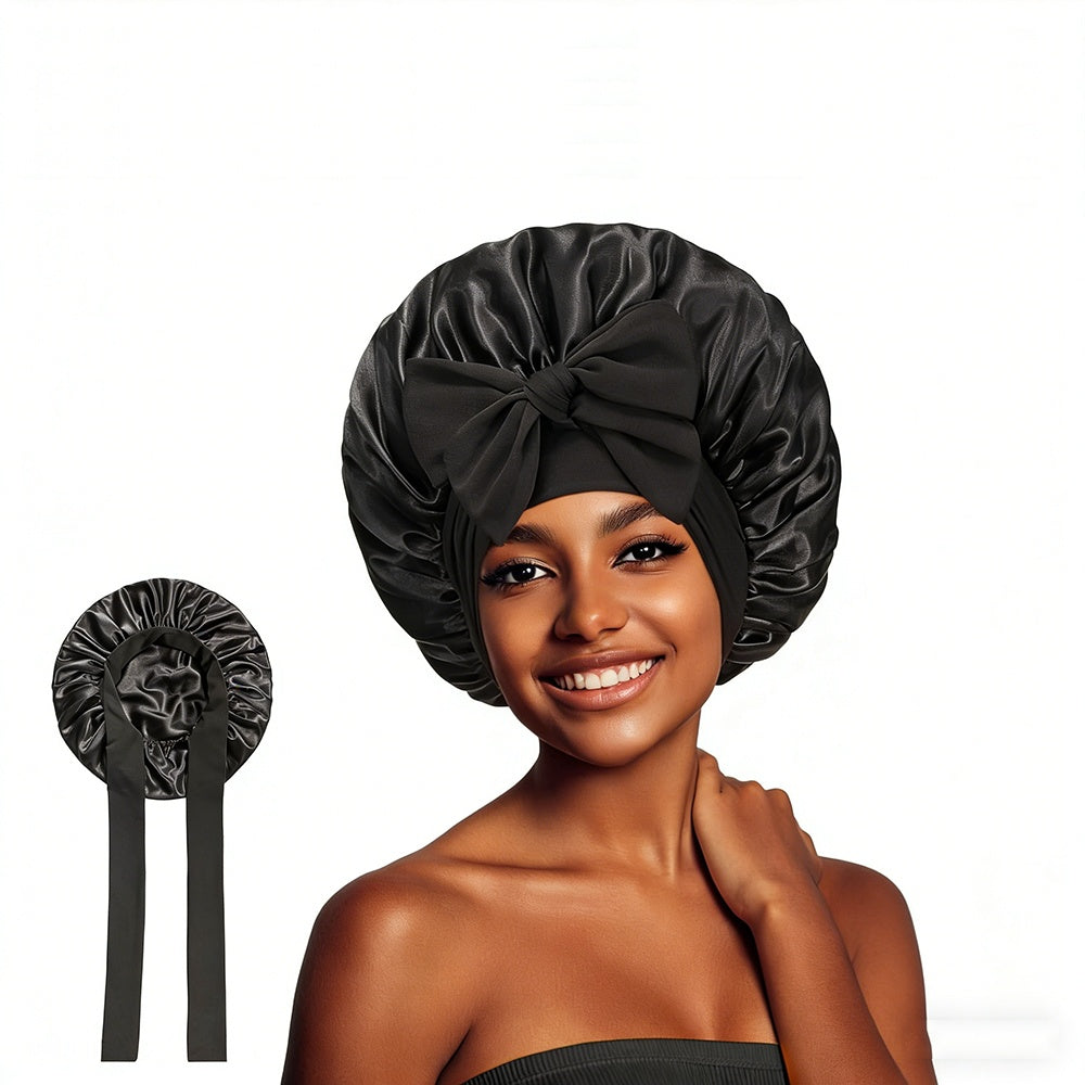 Satin Sleep Bonnet With Bow Knot, Elastic Wide Band Night Cap, Silk Like Satin Hair Bonnet For Women