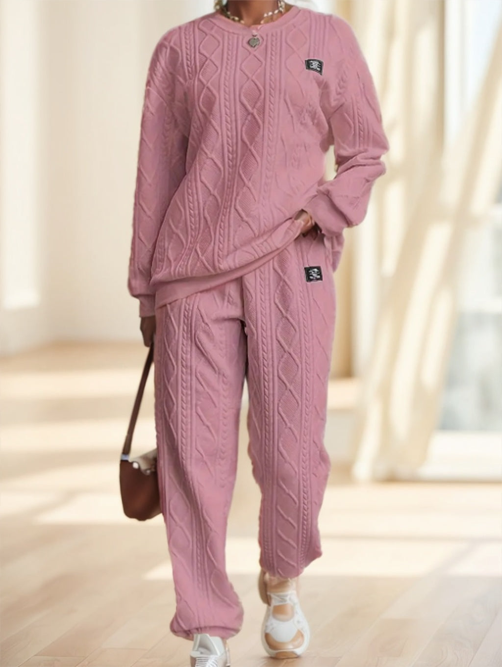 Casual Patch Cable Textured Pants Set, Long Sleeve Crew Neck Sweatshirt - image 3