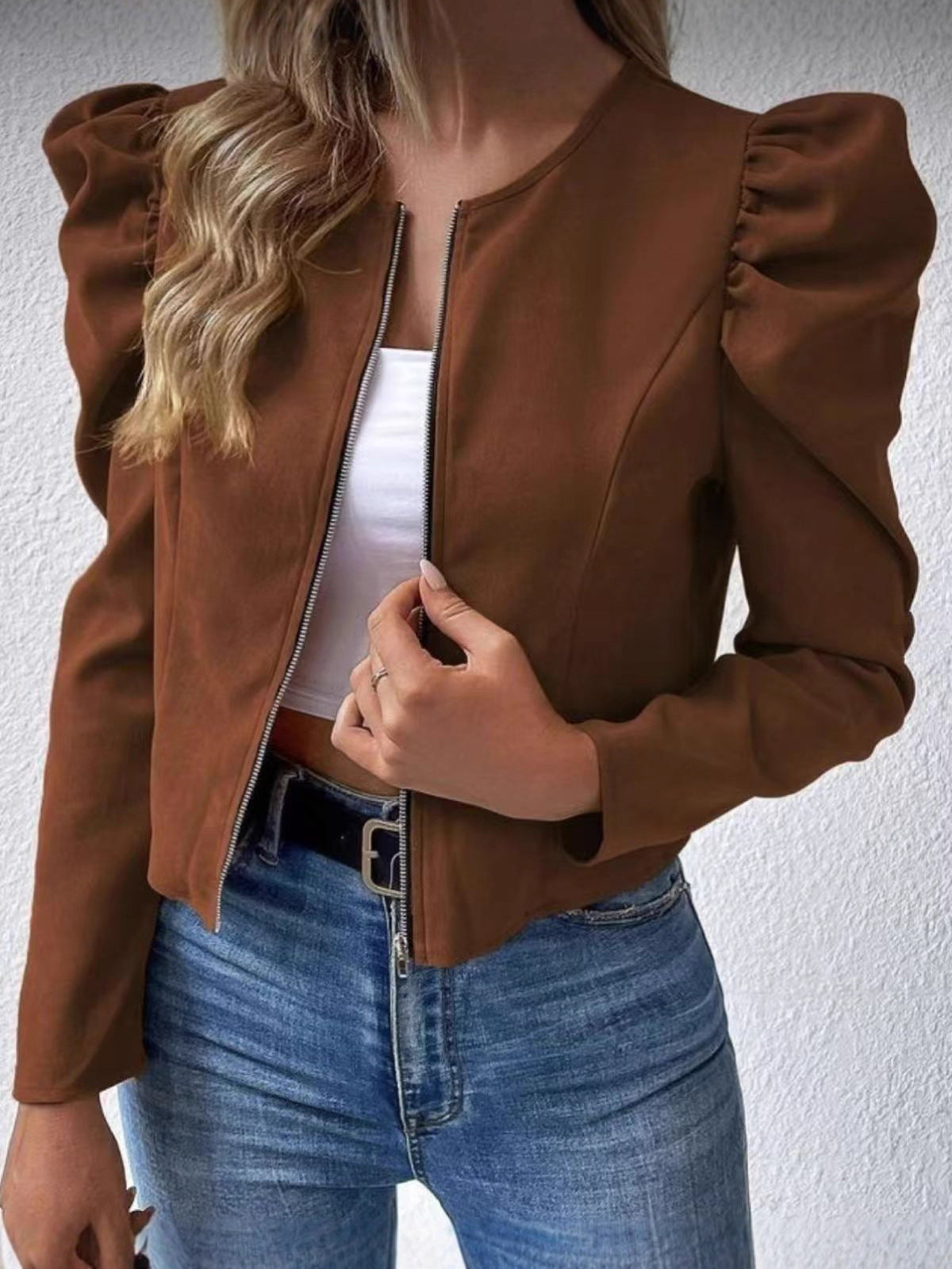Puff Sleeve Zip-Up Round Neck Cardigan - image 2