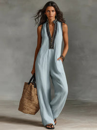 Women's Simple Linen-blend Sleeveless Jumpsuit - image 5