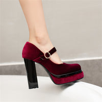 Velvet Mary Jane Block Heel Platform Shoes - image 4