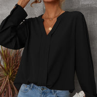 Solid Notched Buttoned Cuff Blouse,Long Sleeve Tops - image 1