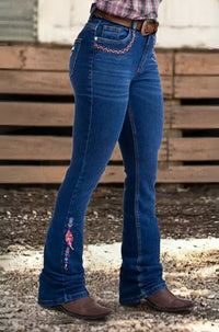 Dark Blue Embroidered Boho Flare Jeans - image 2