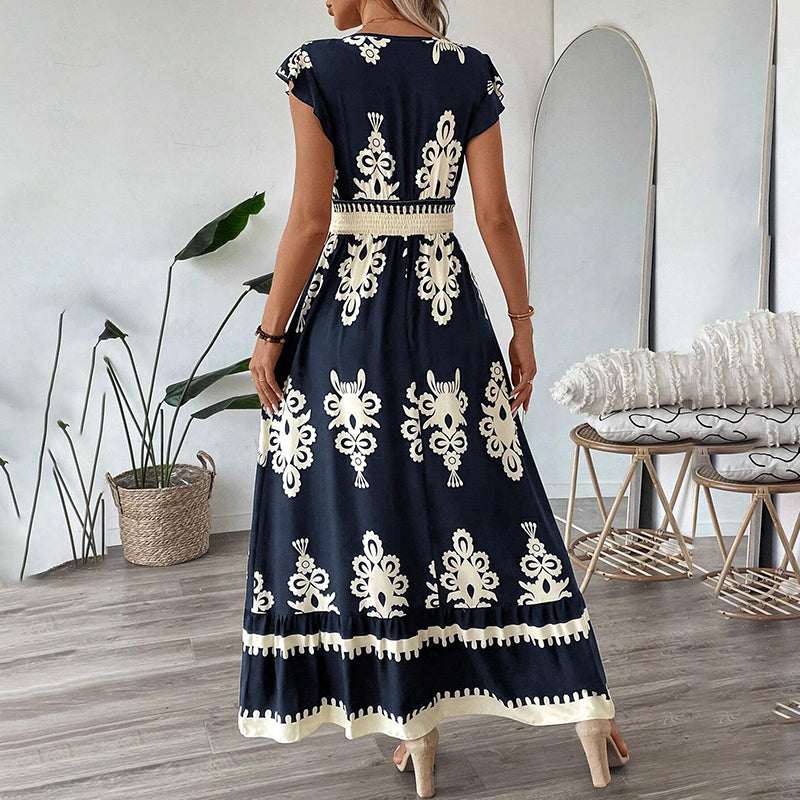 Women's Summer Flowy Maxi Dress Casual Cap Sleeve V Neck Smocked Waist Beach Sundress - image 10