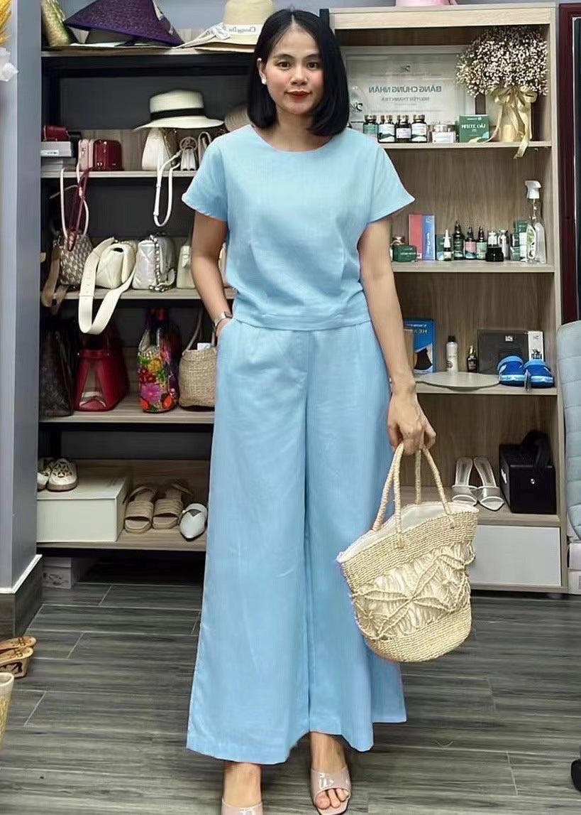 Women's 2 Piece Short Sleeve Top and Wide Leg Pants Set