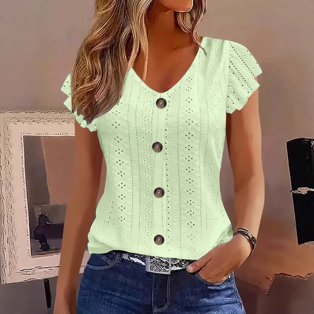 Solid Color Jacquard V-neck Buttons Long Sleeve T-shirt - image 8