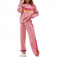 Round Neck Loose Color Stripes Elastic Waist Pants Sweater Suit - image 4