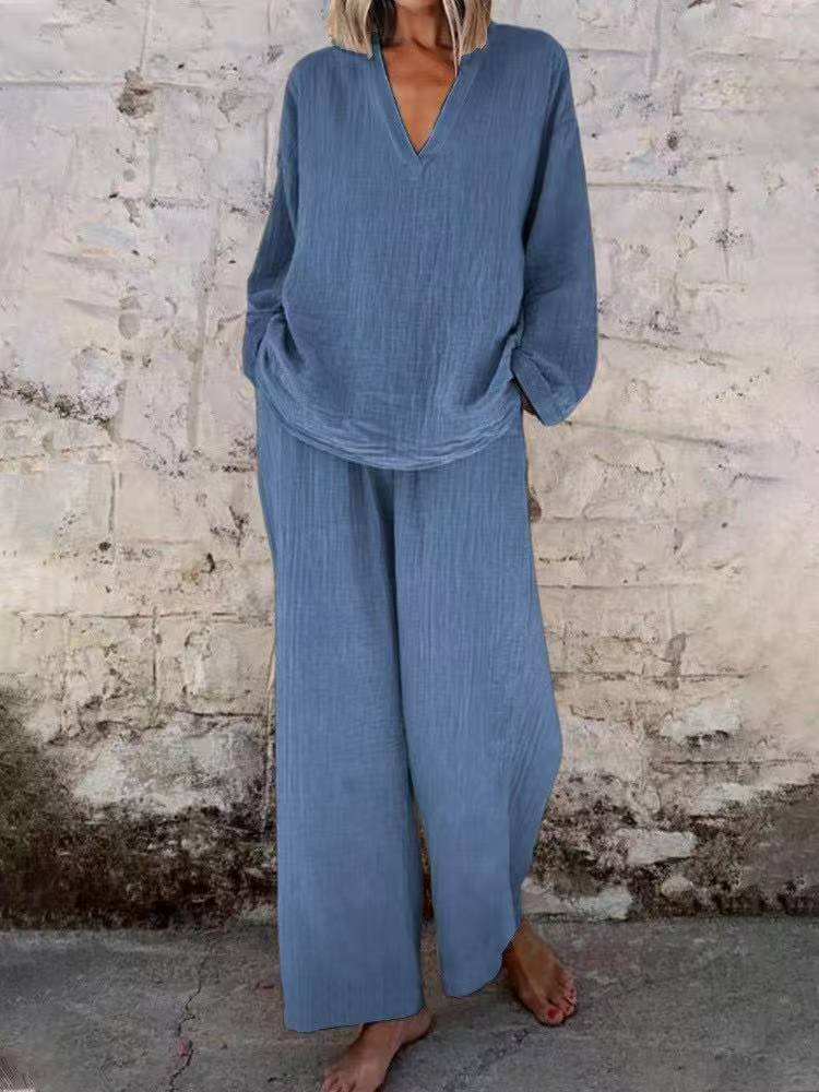 Women's Solid Color Casual V-neck Pullover Long Sleeve Trousers Suit - image 12