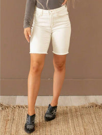 White High-Waist Frayed Bermuda Denim Shorts - image 2