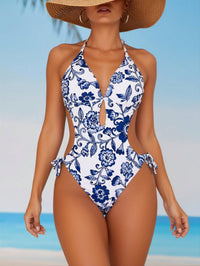 Porcelain Print Halter Cutout One-Piece Swimsuit - image 1